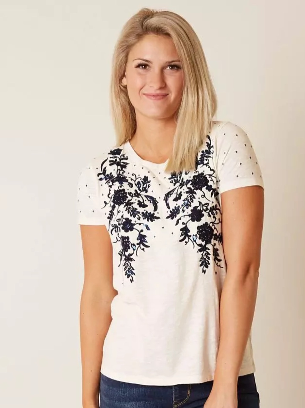 Lucky brand slub knit sequin embroidered cotton short sleeve top size small